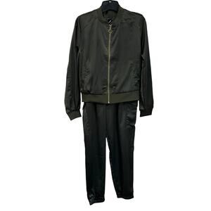Fashion Nova Satin Bomber Jacket & Joggers Set Size M Olive Green